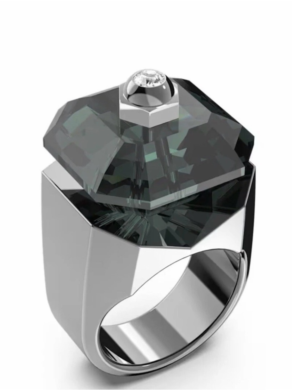 Swarovski Numina cocktail Silver Ring with Dark Gray-Green Faceted Crystal
